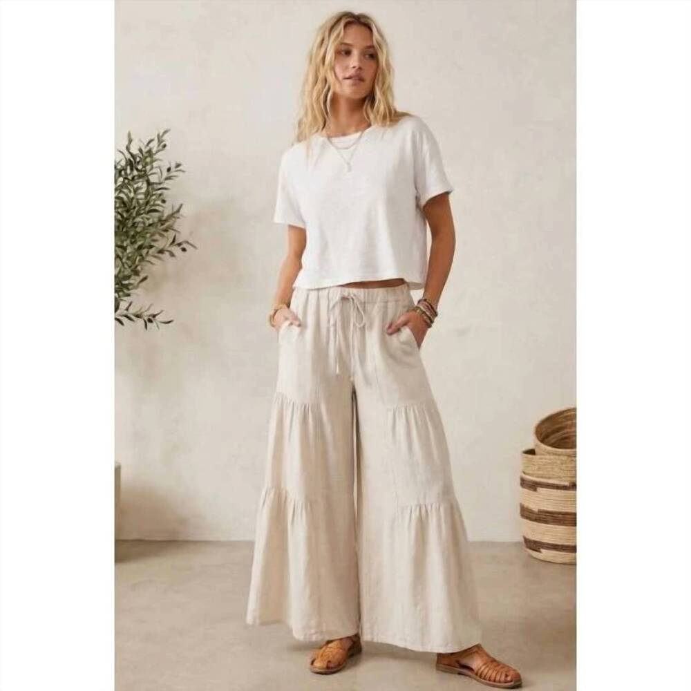NEW SEWN AND SEEN linen blend tiered wide leg pants in beige